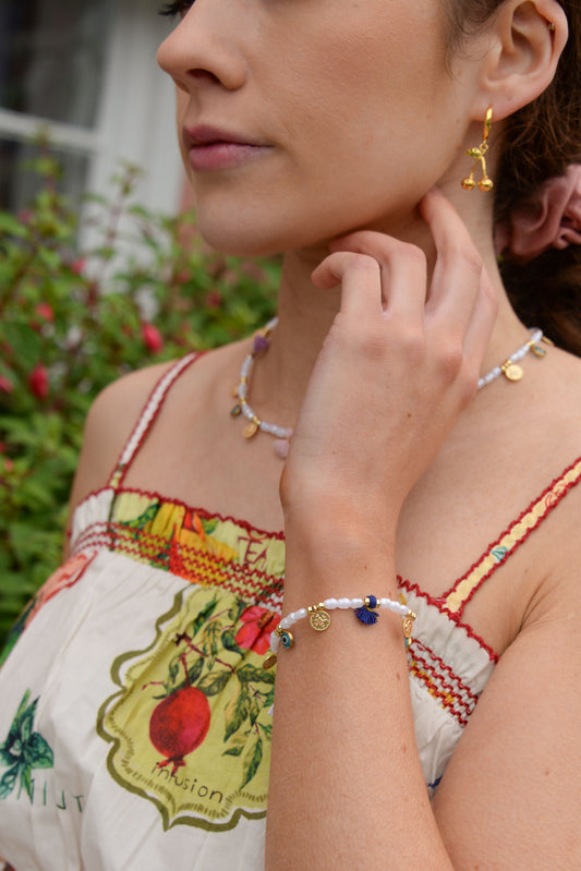 PEARL CHARM BLUE & YELLOW TASSLE BRACELET