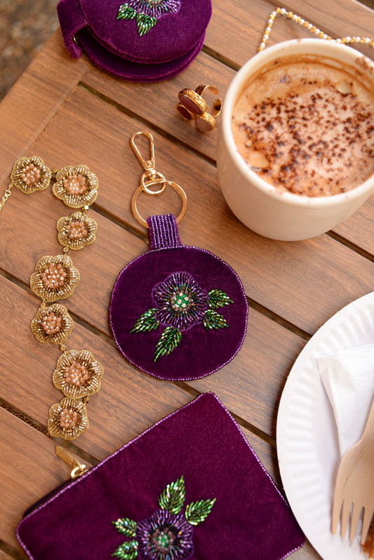 PURPLE FLOWER ROUND KEYRING/BAG CHARM