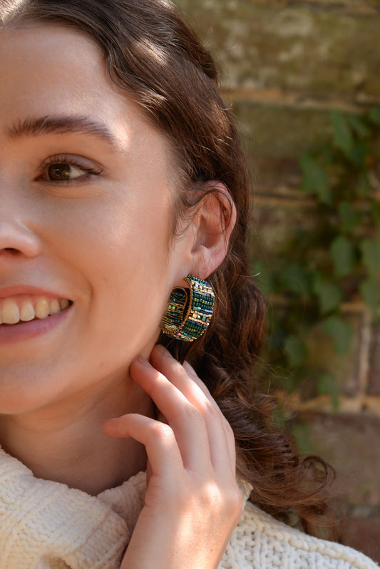 GREEN HOOP WRAPPED BEADED EARRINGS