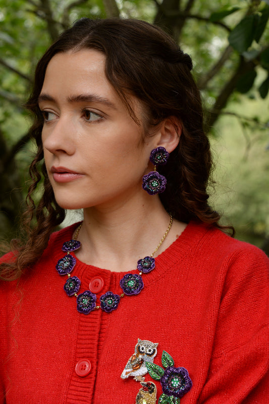 PURPLE COLOUR BEADED EMBROIDERY FLOWER NECKLACE