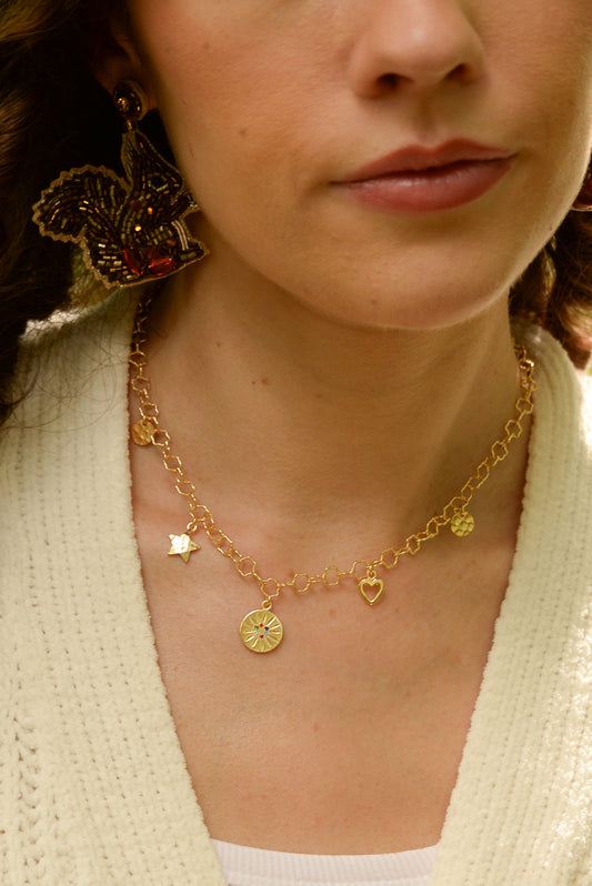 NECKLACE WITH MULTI STONES DISCS, HEART AND STAR CHARMS