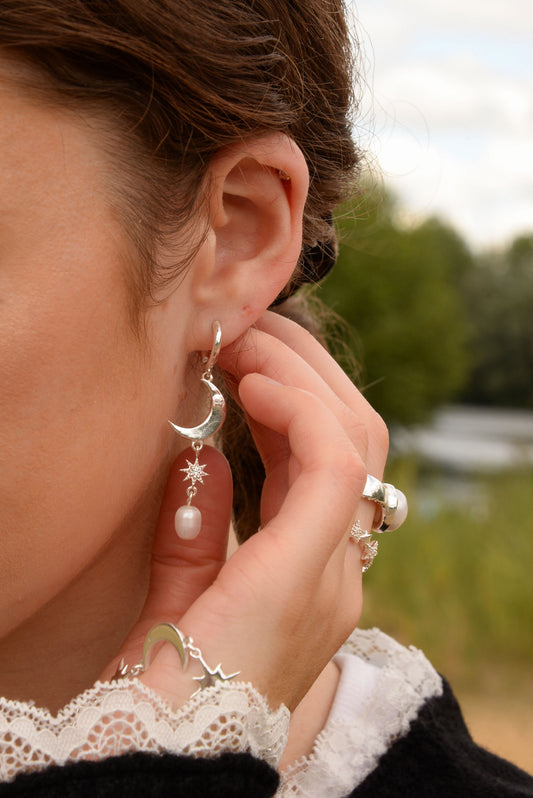 SILVER MOON & STAR WITH PEARL HUGGIE HOOP EARRINGS