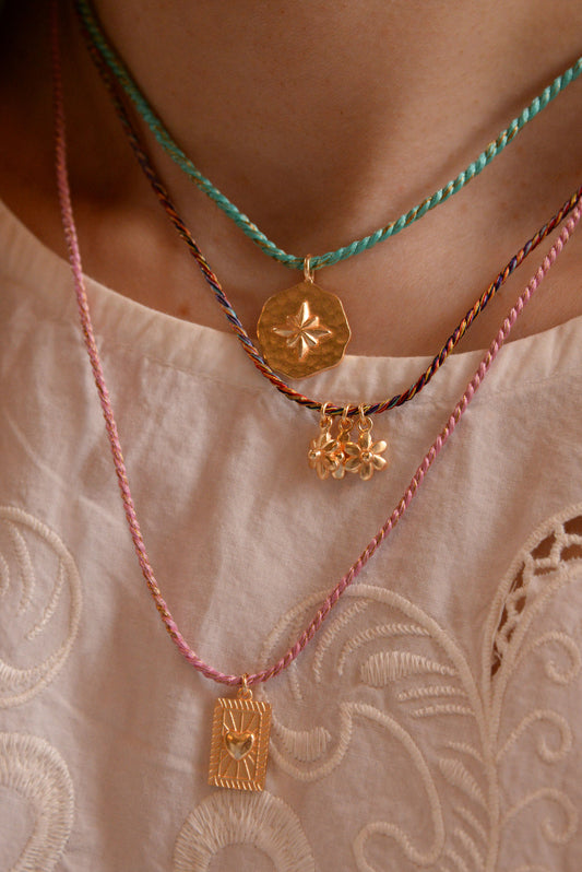 HEART RECTANGULAR CHARM ON PINK THREAD NECKLACE