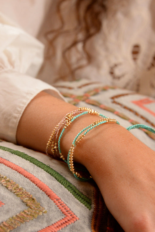 TURQUOISE BLUE ROPE GOLD METAL BEAD BRACELET