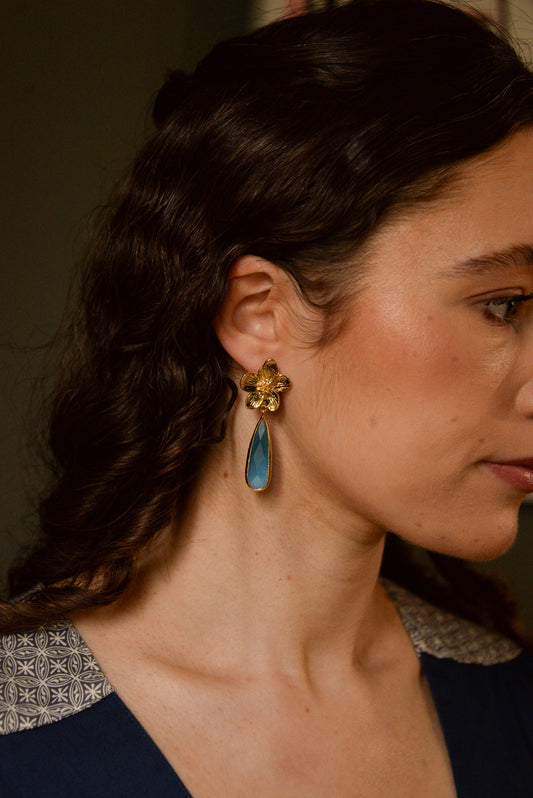 GOLD FLOWER AND BLUE GLASS TEAR DROP EARRINGS