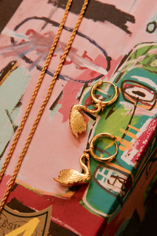 GOLD SWAN HUGGIE HOOP CHARM EARRINGS