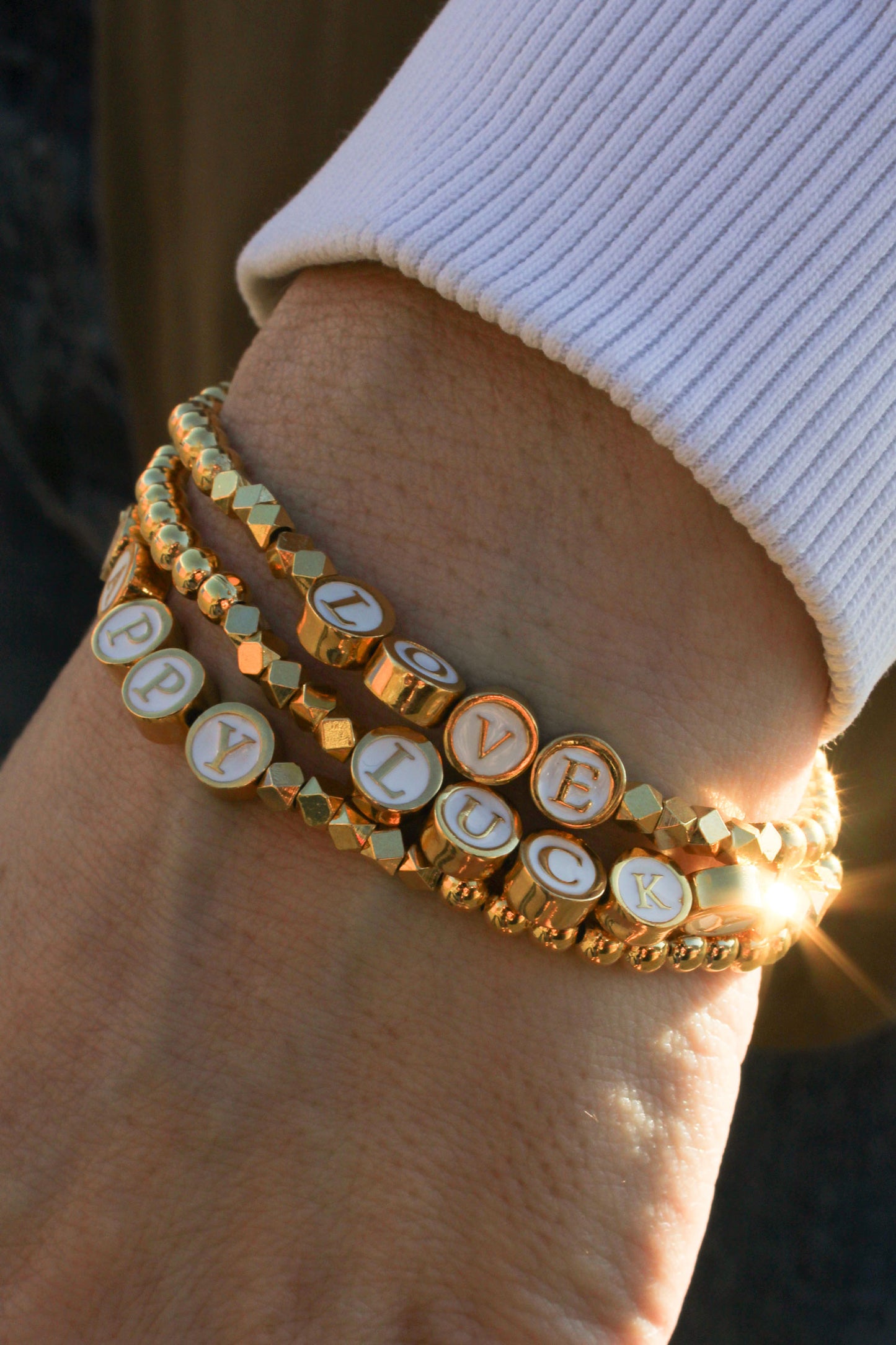 OFFER | BEADED GOLD AND WHITE SLOGAN BRACELETS: PACK OF 3