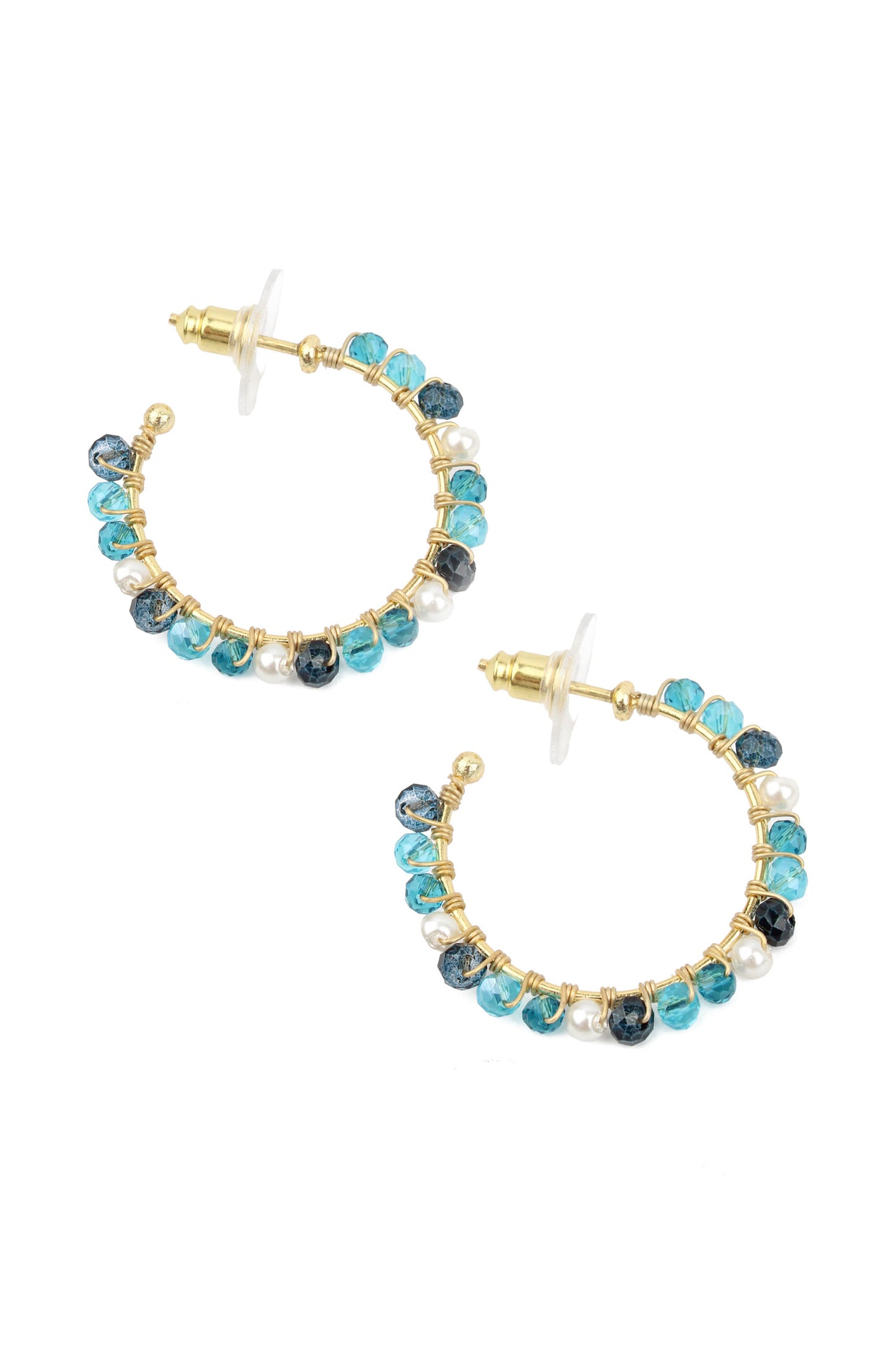 BLUE STONES WIRED GOLD HOOPS