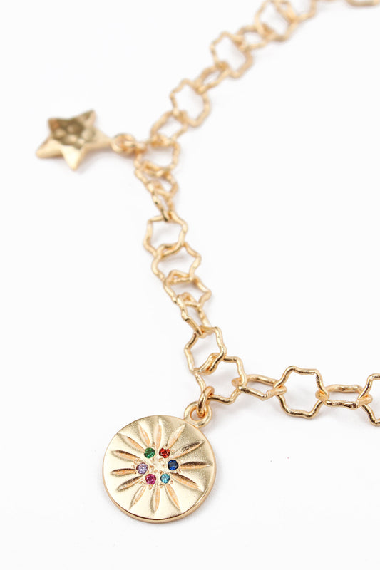 BRACELET WITH HEART, STAR AND DISC CHARM WITH CZ GOLD PLATED