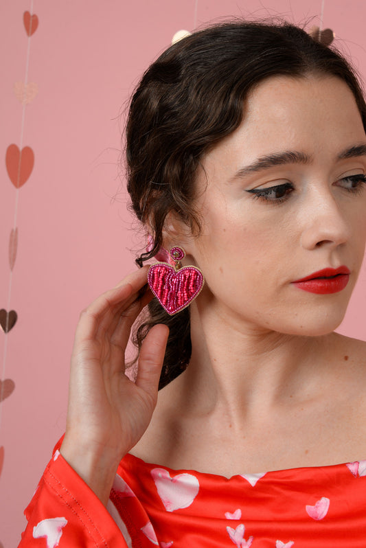 DARK PINK HEART STRIPED EARRINGS