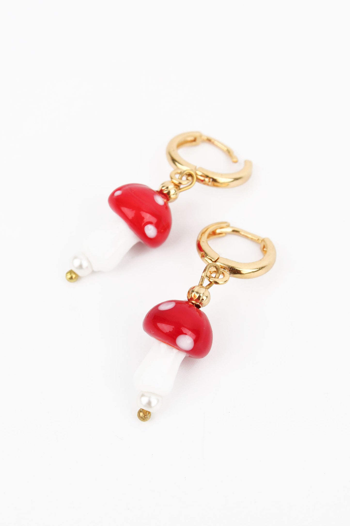 DARK RED GLASS MUSHROOM HUGGIE HOOPS