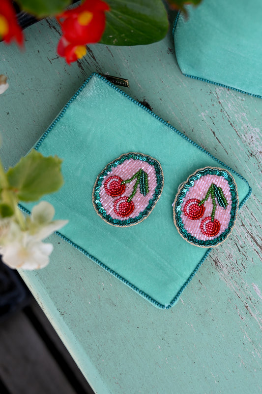 TEAL SCALLOP WITH CHERRY SMALL POUCH