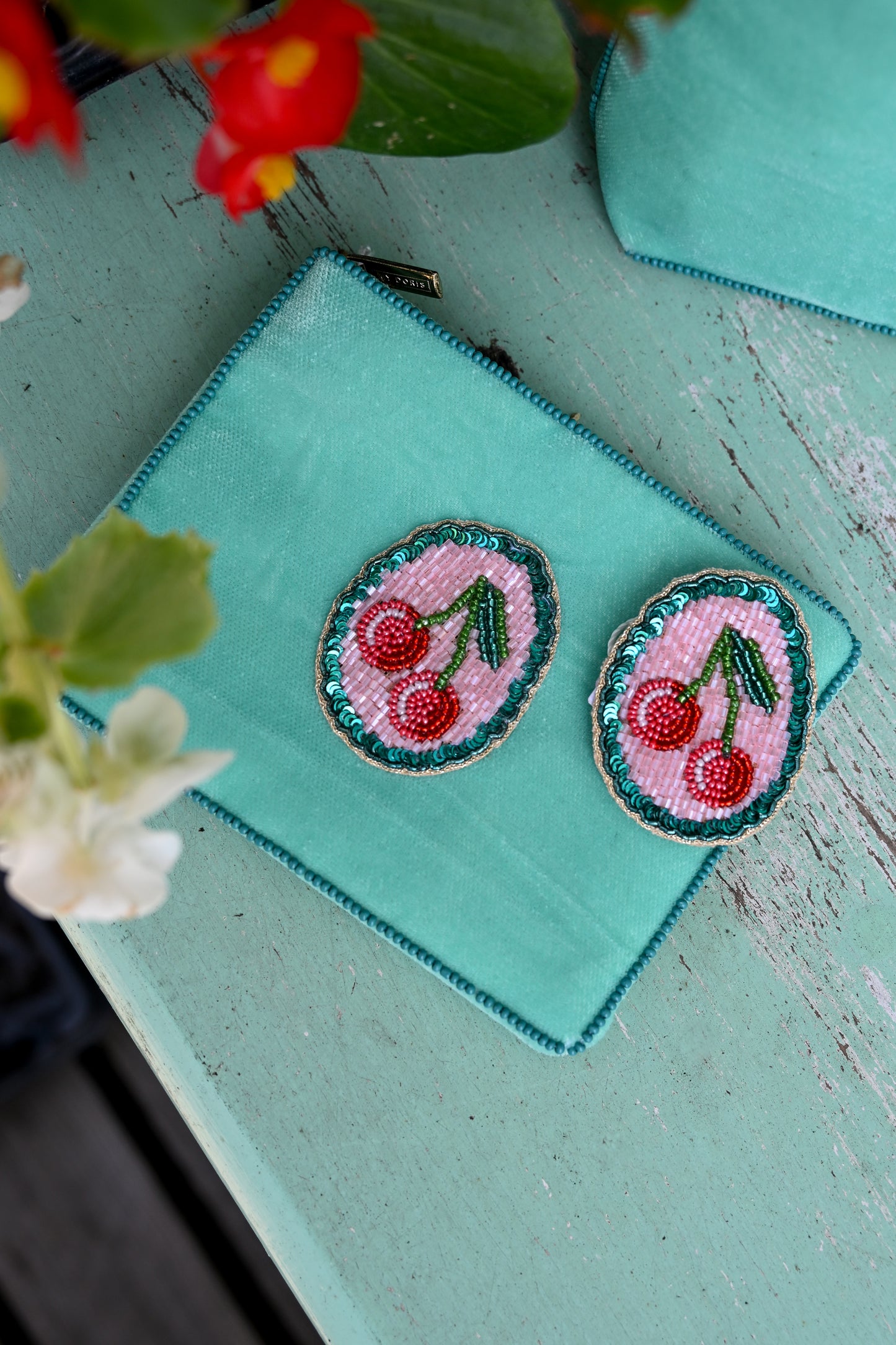 TEAL SCALLOP WITH CHERRY BROOCH