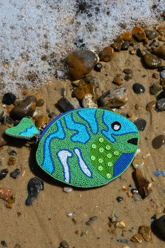 BLUE FISH BEADED PURSE WITH KEYRING