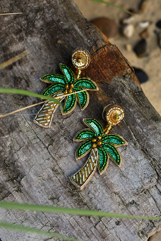 GOLD AND GREEN PALM TREE EARRINGS