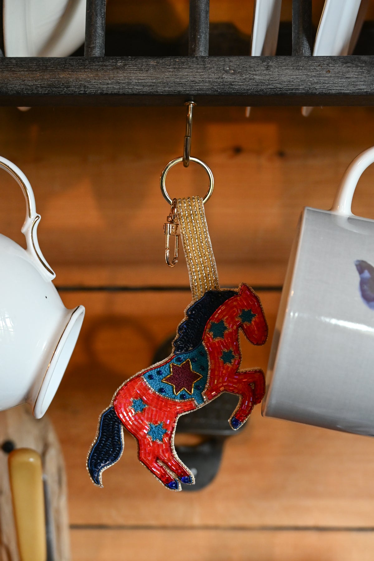 RED AND BLUE FOLK HORSE LARGE KEYRING/BAG CHARM