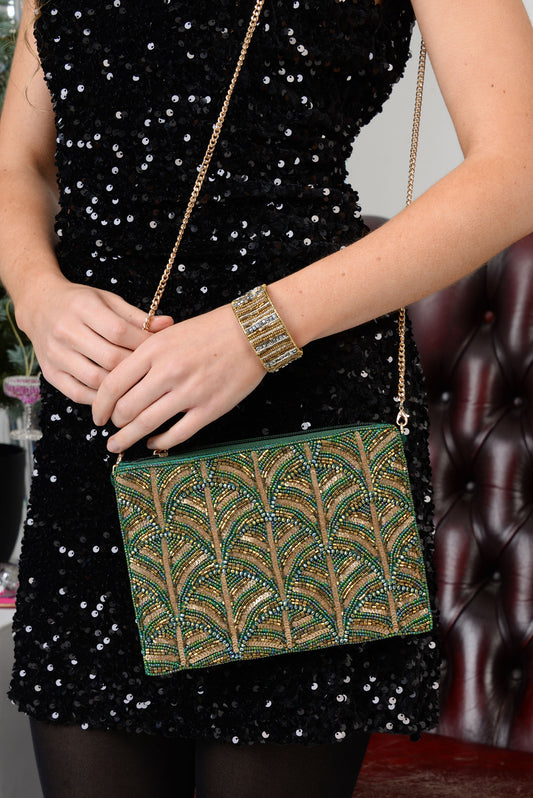 DARK GREEN AND GOLD SWIRL ART DECO BAG