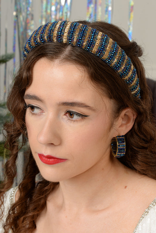 BLUE AND GOLD BEADED HEADBAND