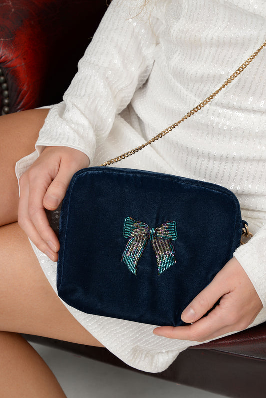 NAVY VELVET SILVER BLUE BOW CROSSBODY BAG
