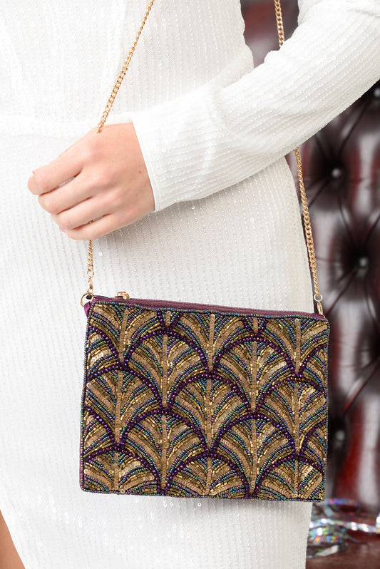 PLUM AND GOLD SWIRL ART DECO BAG