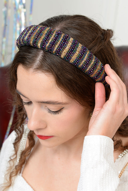 PURPLE AND GOLD BEADED HEADBAND