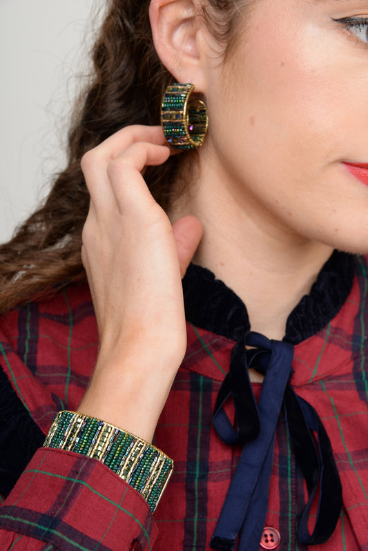 GREEN WRAPPED BEADED CUFF BRACELET
