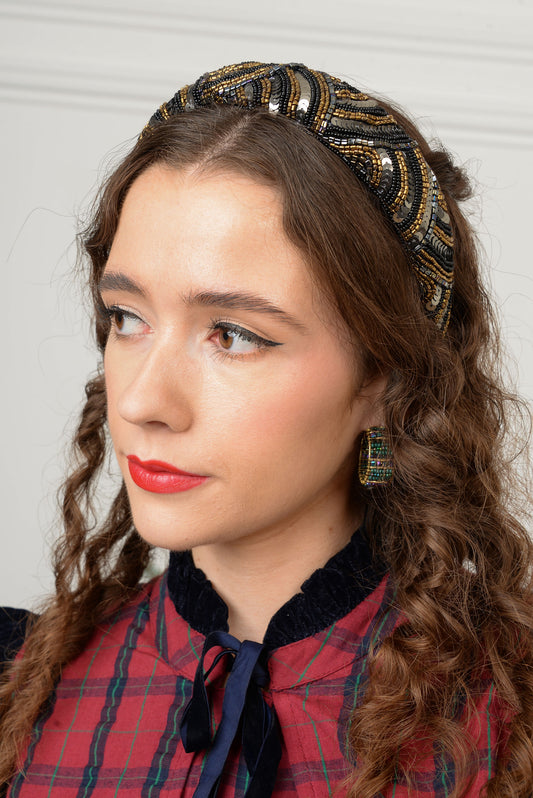 BLACK, GOLD AND SILVER SWIRL BEADED HEADBAND