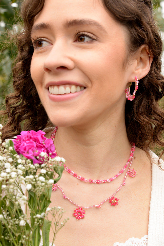PINK BEADED FLOWER CHARM NECKLACE