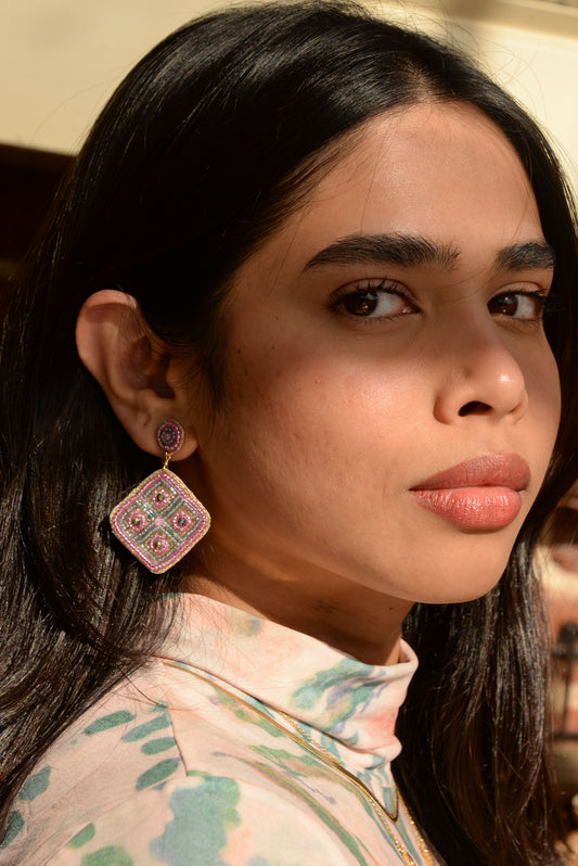 PINK AND GREEN DIAGONAL BEADED EARRINGS