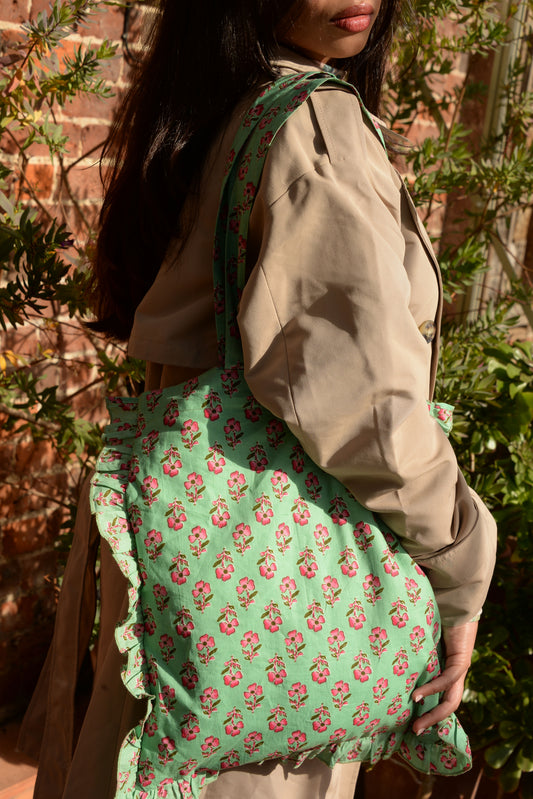 GREEN PRINT FRILL TOTE BAG