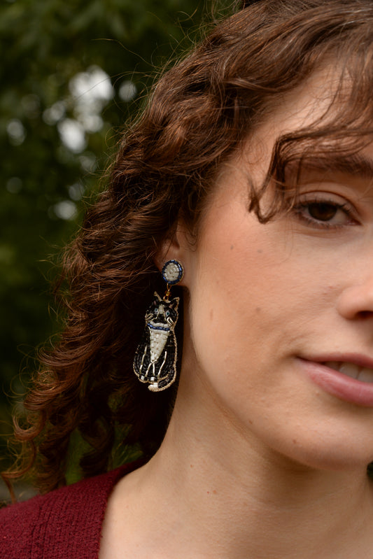 BLACK AND WHITE CAT WITH COLLAR BEADED EARRINGS