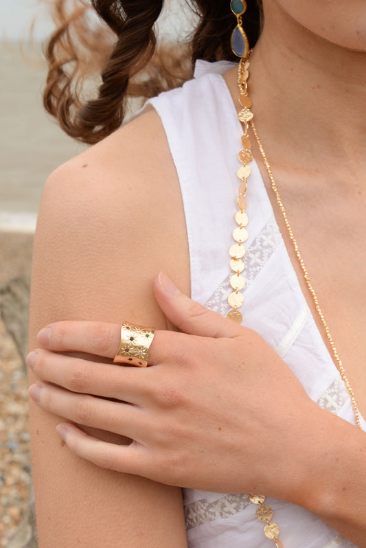 BAGUE CLOUTÉE MULTI GEMMES ÉPAISSES EN PETITE, MOYENNE ET GRANDE TAILLE RÉGLABLE