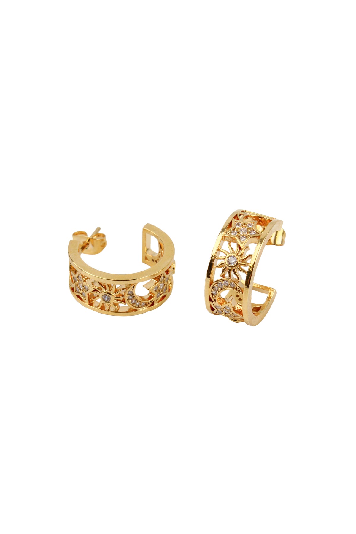 GOLD AND CZ STAR AND MOON CUT OUT HOOP EARRINGS