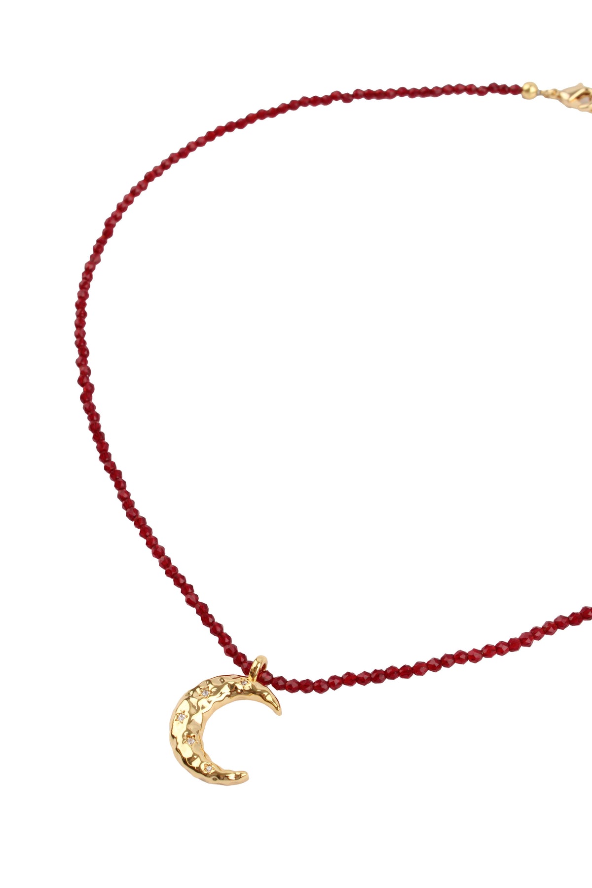 GOLD MOON CHARM ON WINE BEADED NECKLACE