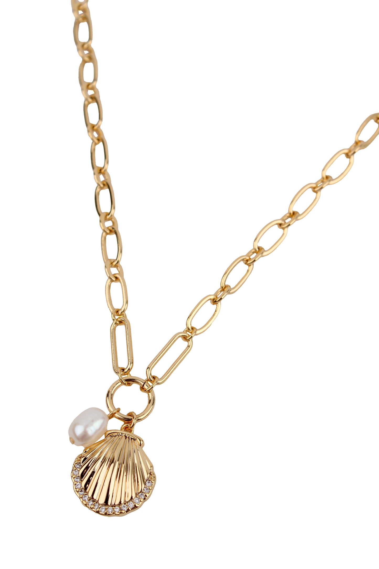 GOLD SHELL AND PEARL ON CHAIN NECKLACE