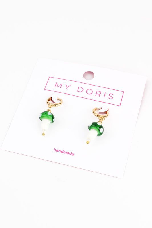 GREEN GLASS MUSHROOM HUGGIE HOOPS