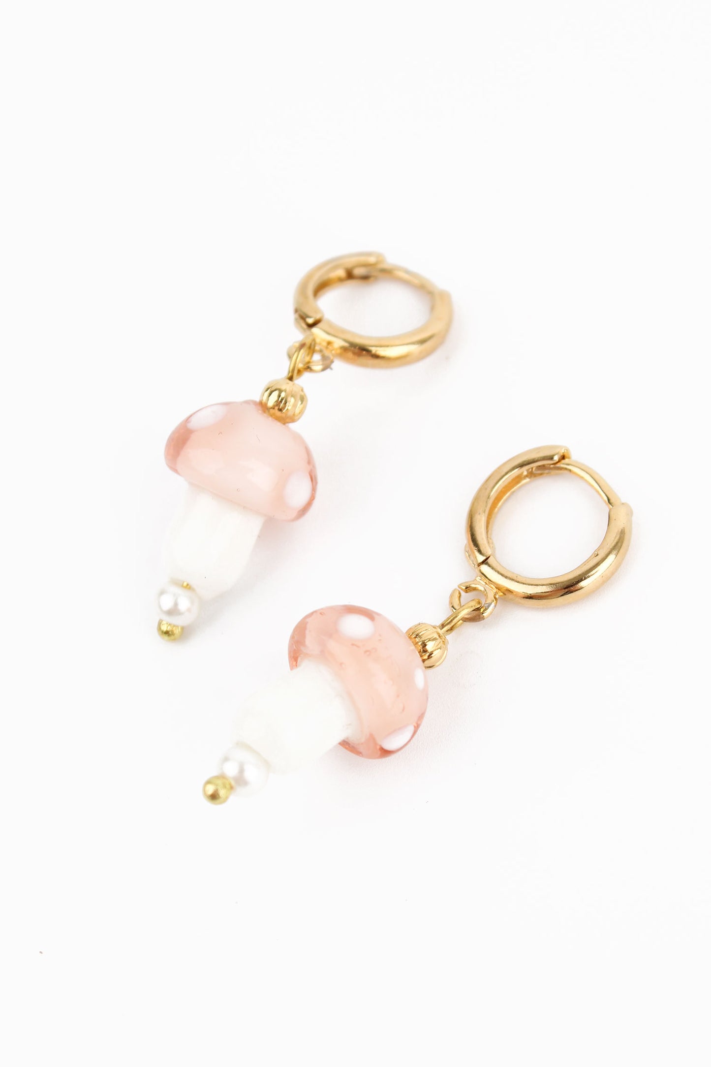 LIGHT PINK GLASS MUSHROOM HUGGIE HOOPS