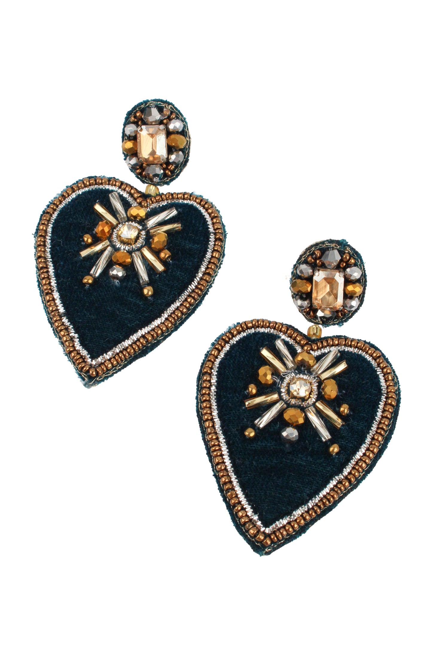 NAVY AND GOLD VELVET HEART EARRINGS