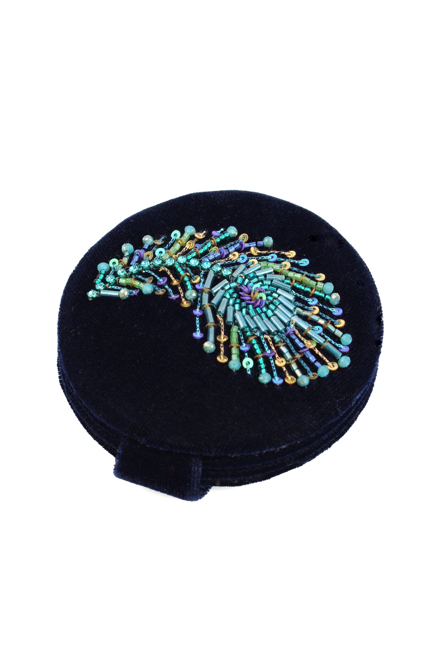 PEACOCK FEATHER ON NAVY COMPACT MIRROR