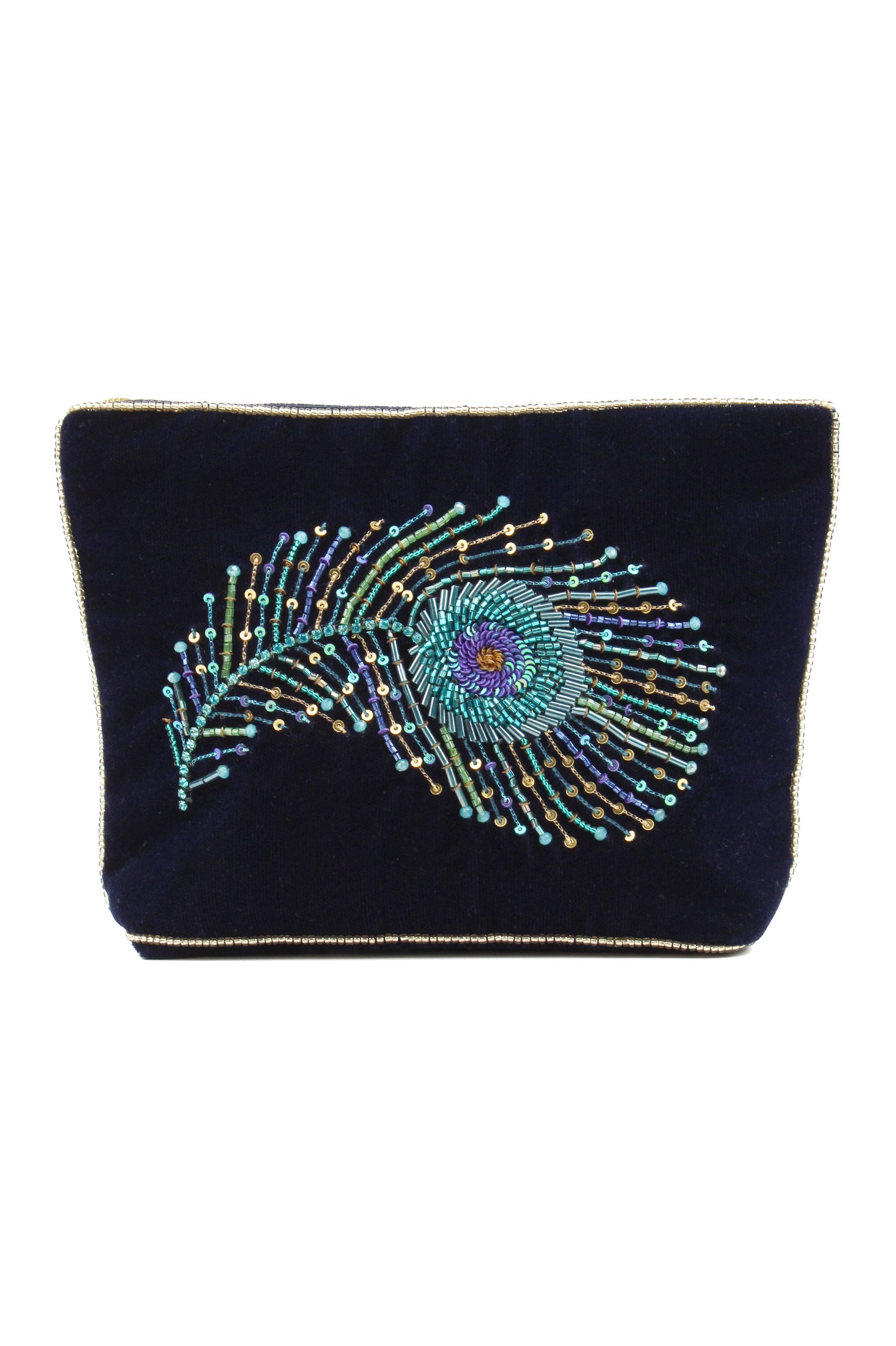 PEACOCK FEATHER ON NAVY MEDIUM POUCH