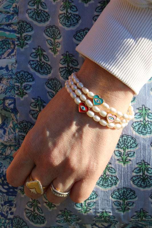 BRACELETS CŒUR MAUVAIS ŒIL EN PERLE : LOT DE 3