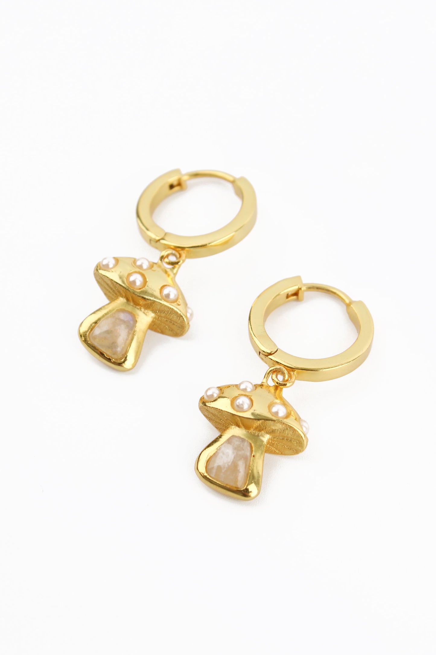 GOLD PEARL & RAINBOW MOONSTONE MUSHROOM HOOP EARRINGS