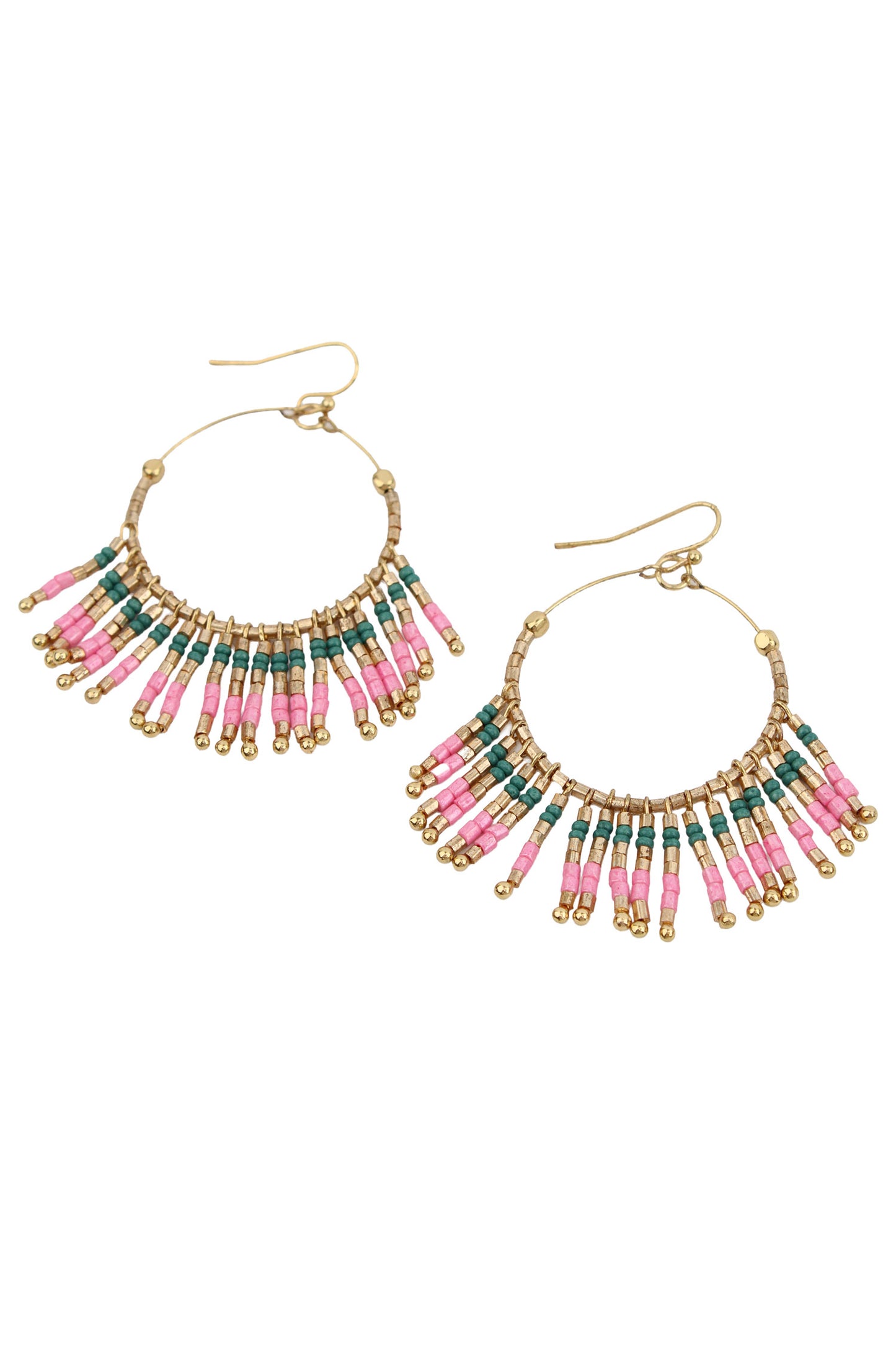 PINK AND GREEN TASSEL BEADED EARRINGS