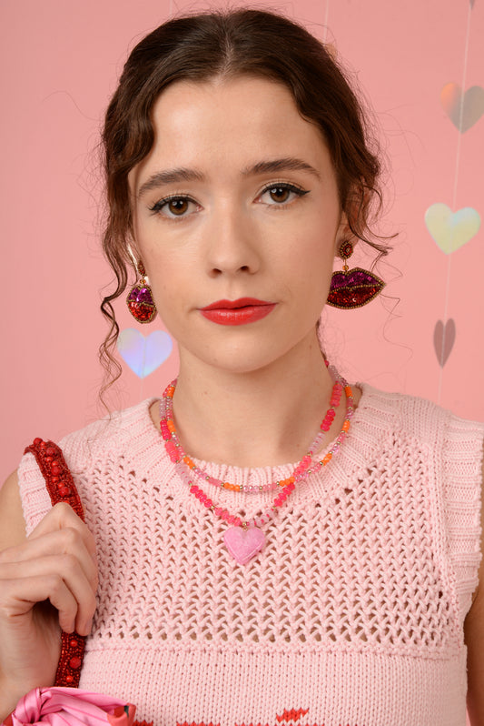 PINK GLASS BEADED NECKLACE WITH PINK HEART CHARM