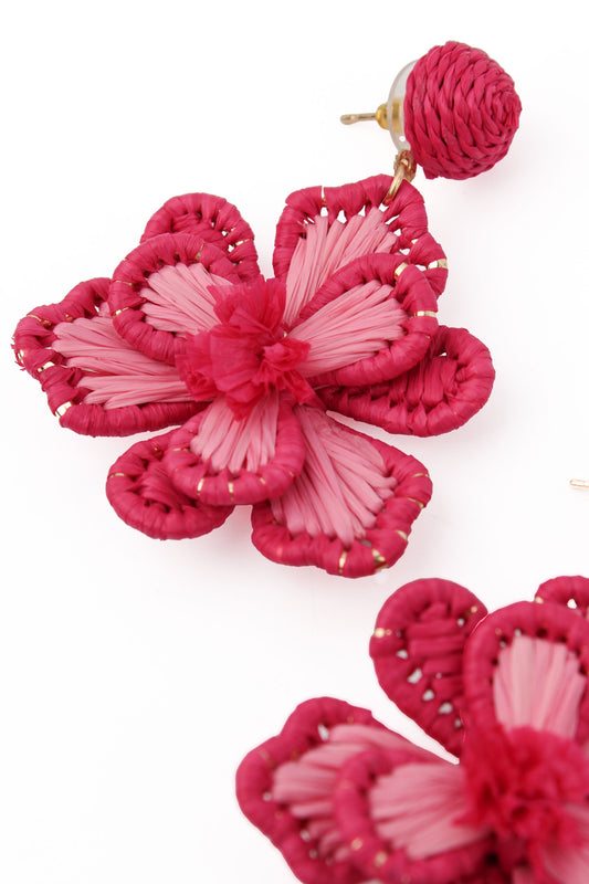 RATTAN 3D PINK FLOWER EARRINGS