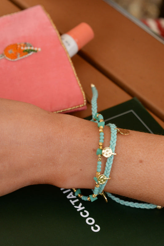 SET OF 3 GREEN GLASS ELASTIC BRACELET
