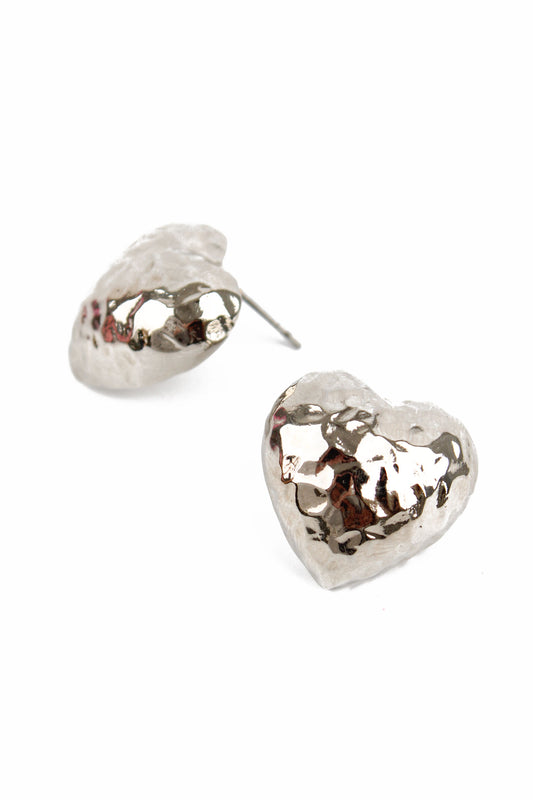 SILVER HAMMERED HEART STUDS