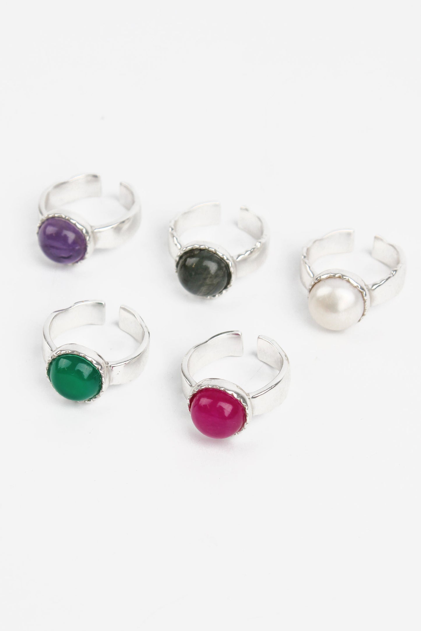 SILVER PACK OF 5 CABASHION GEMSTONE RINGS