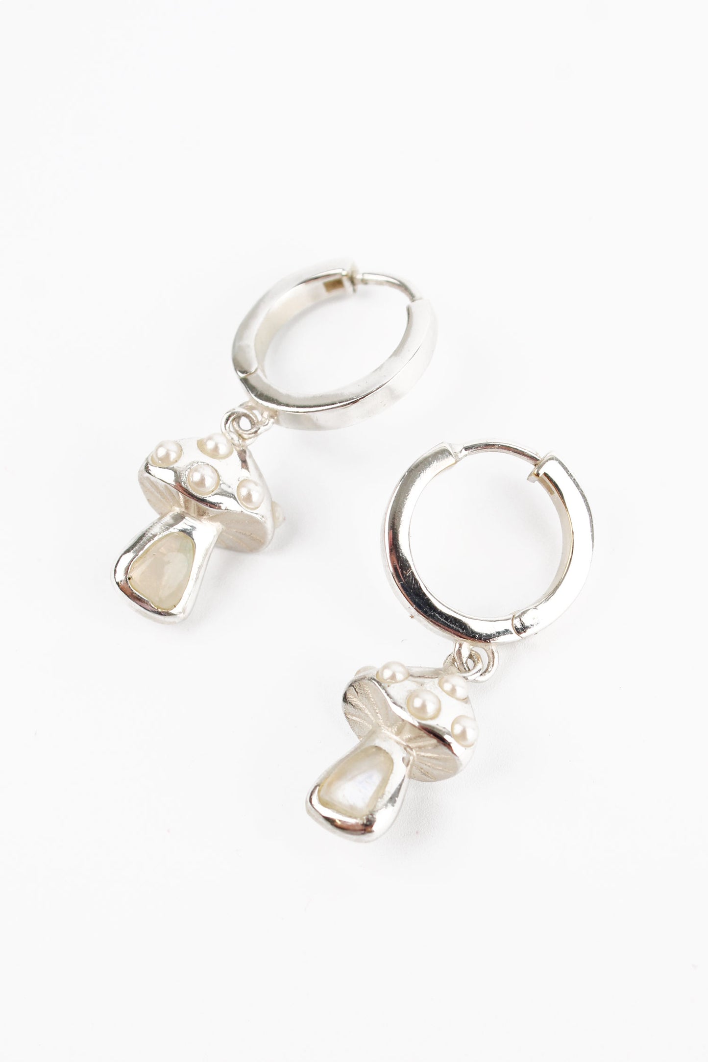 SILVER PEARL & RAINBOW MOONSTONE MUSHROOM HOOP EARRINGS