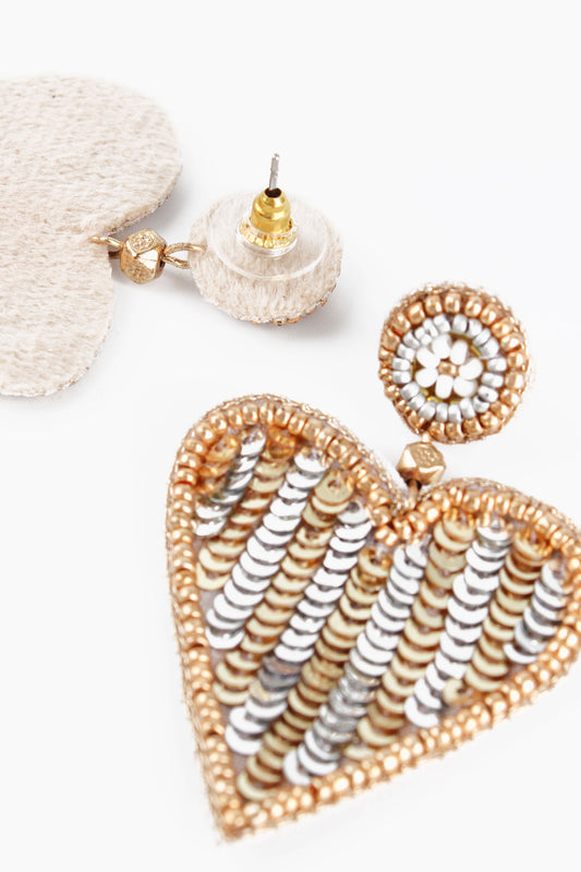 SILVER & GOLD STRIPE BEADED HEART EARRINGS